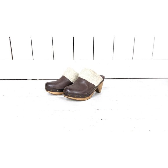 Brown leather Lucky Brand slip on mule clog faux sheepskin sandals - Picture 2 of 9